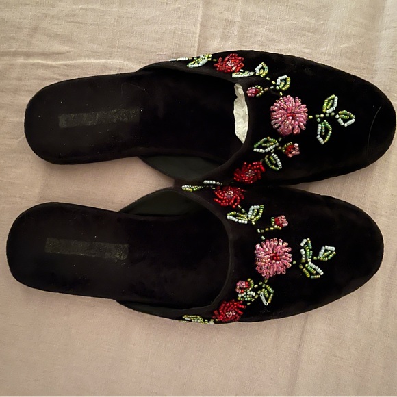 Vintage Black Velvet Glass Beaded Slipper Mules Slides Shoes Beads 8.5 - 9 - Picture 1 of 10